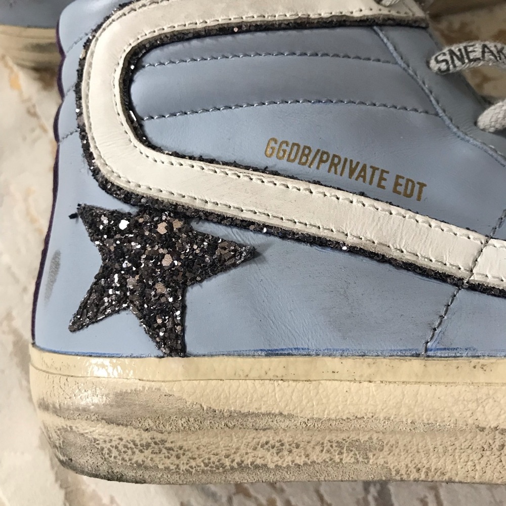🏇Golden Goose Distressed Light Blue & Silver Hi-Top Sneakers - Picture 5 of 13